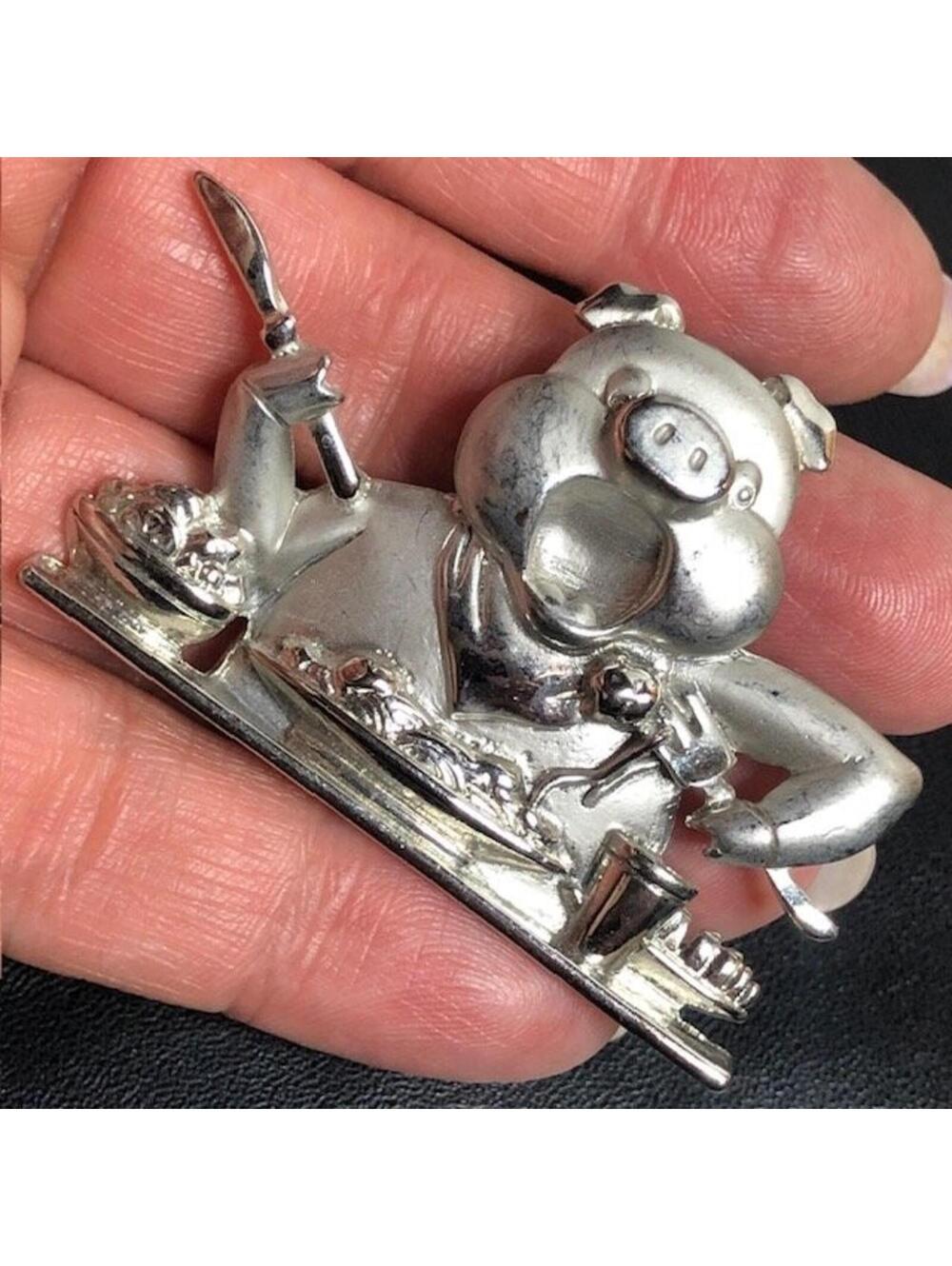 B1232 JJ Jonette pig eating Brooch Pin Approx 2" Silver Tone Whimsical Fun